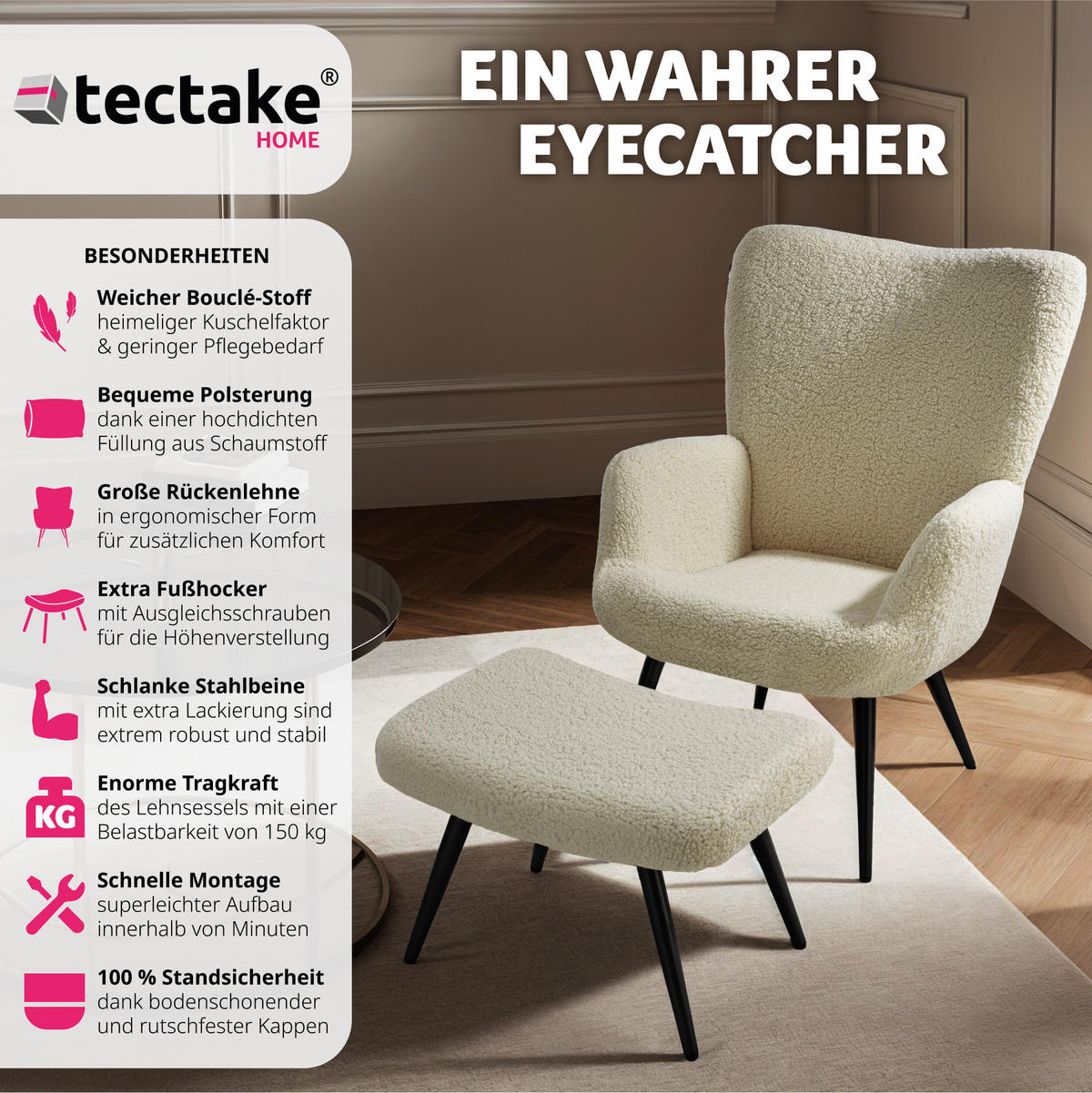 SESSEL Hygge,72 x 76 x 100,5 cm,Bouclé creme/schwarz - Creme/Schwarz, Kunststoff (72/100.5/76cm) - tectake