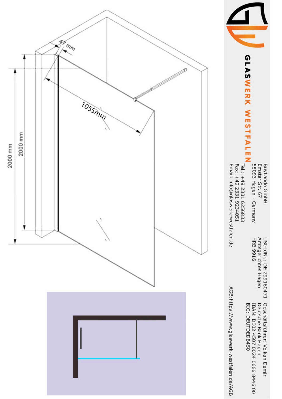 WALK-IN-DUSCHWAND 110 × 200 cm – ESG-Sicherheitsglas – Gold - Goldfarben, Glas (10/110/200cm) -  Glaswerk Westfalen