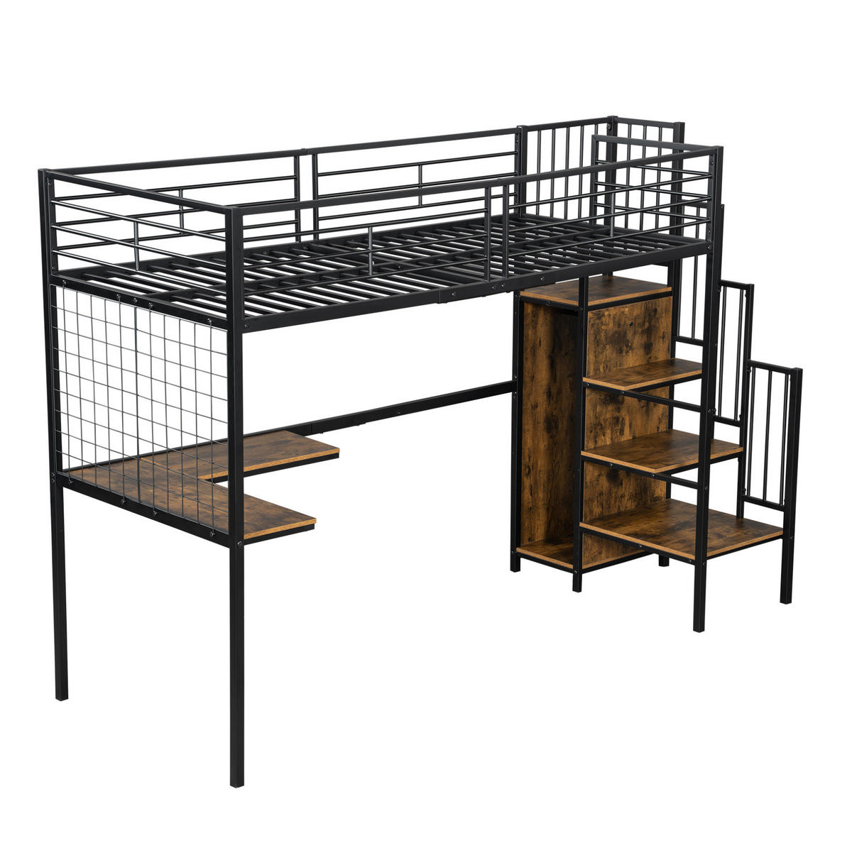 HOCHBETT 90/200 cm mit Tisch, Kleiderschrank und Seitentreppe aus Metall/Holzwerkstoff, Schwarz/Dunkle Holzfarbe - Schwarz, Holzwerkstoff (90/200cm) - Redom