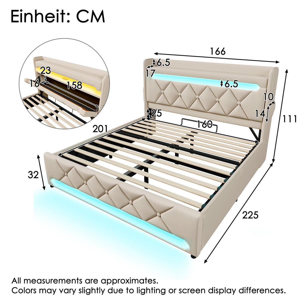 POLSTERBETT 160/200 cm beige mit Stauraum Kopfteil und USB-Anschlüssen, 360-Grad-LED-Beleuchtung - Beige, Textil (160/200cm) - OKWISH
