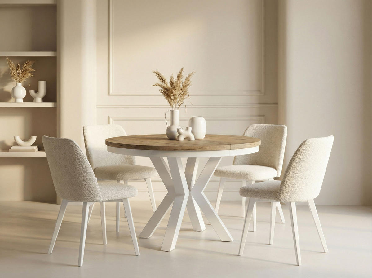 ESSTISCH Clara Weiß runder ausziehbarer, Lancelot Eiche 100-180/100/76 cm - Eichefarben/Weiß, Holzwerkstoff/Metall (100/100/76cm) - WFL GROUP