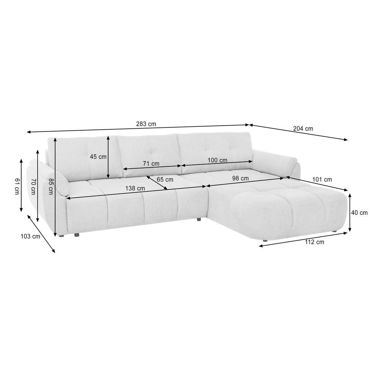 ECKSOFA Massimo, universelle Eckschlafsofa 280 cm mit Schlaffunktion und Bettkasten, Hellgrau - Hellgrau, Textil (283/204cm) - Beautysofa