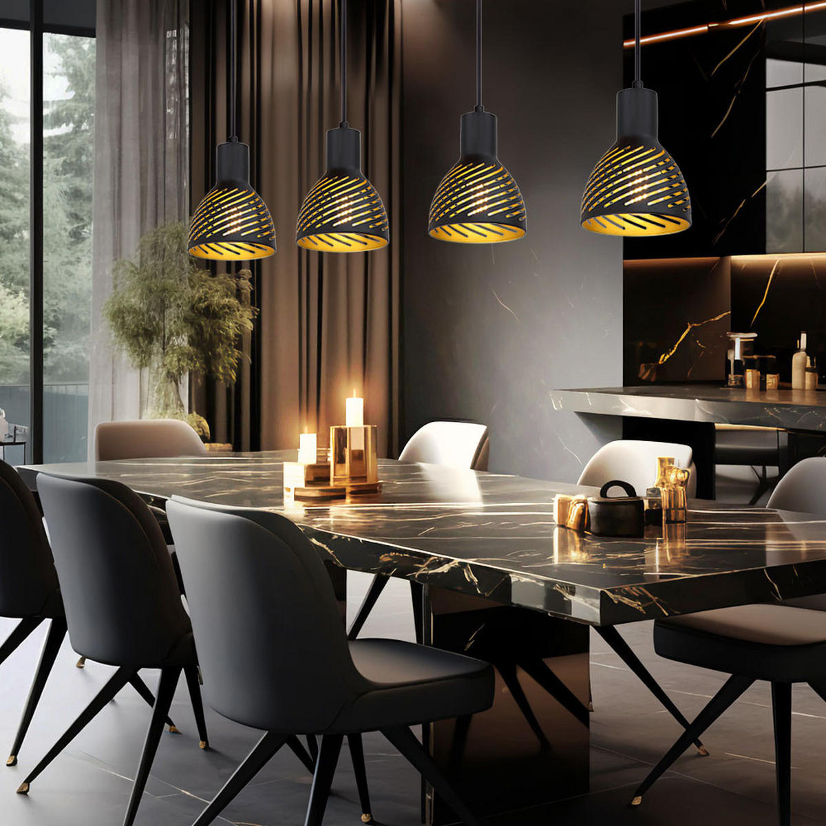 LED HÄNGELEUCHTE Metall Schwarz Gold Holzoptik - Schwarz, Metall (90/12.5/120cm) - Globo Lighting