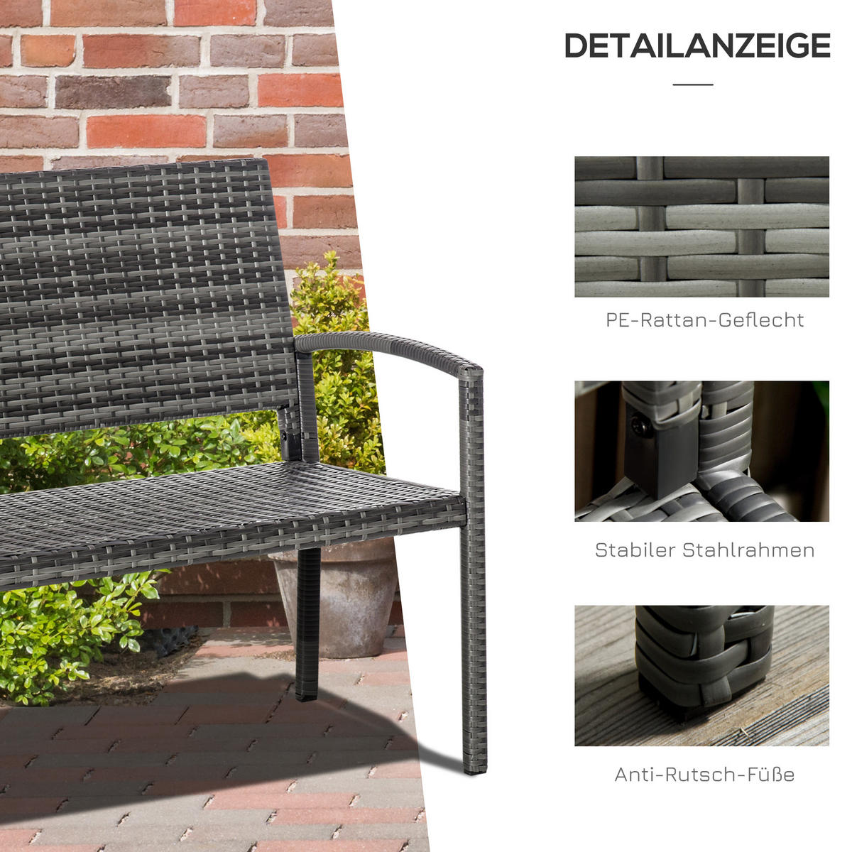 GARTENBANK mit Stahlrahmen für 2 Personen, bis 240 kg Belastbar, Grau, 122 x 60 x 85cm - Grau, Kunststoff (60/85/122cm) - Outsunny