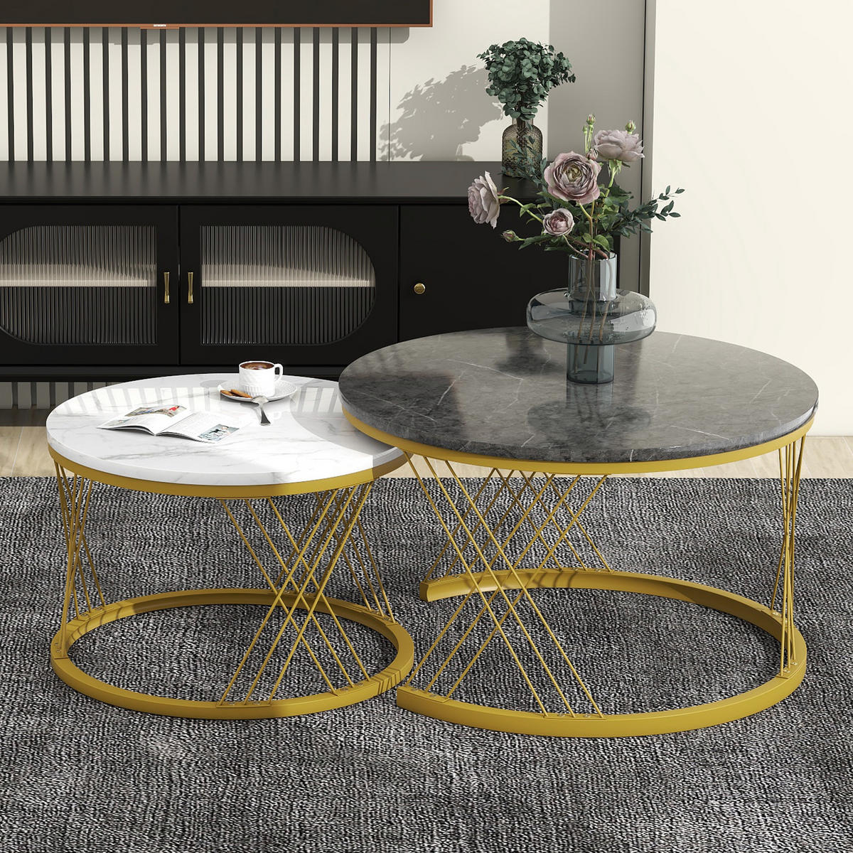 COUCHTISCH Set 70/70/45 cm und 45/45/40 cm Grau mit Hochglanz Marmormuster und Goldrahmen - Grau, Holzwerkstoff (70/70/45cm) - OKWISH