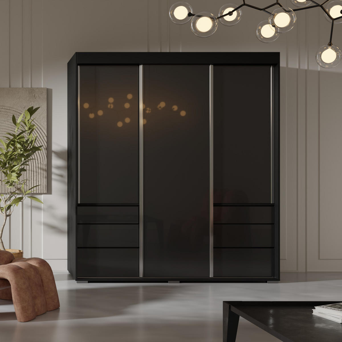 SCHIEBETÜRENSCHRANK mit Schubladen Torino 3D 180 Schwarz (Lacobel) - Silberfarben/Schwarz, Holzwerkstoff/Metall (180/204/65cm) - mzm24