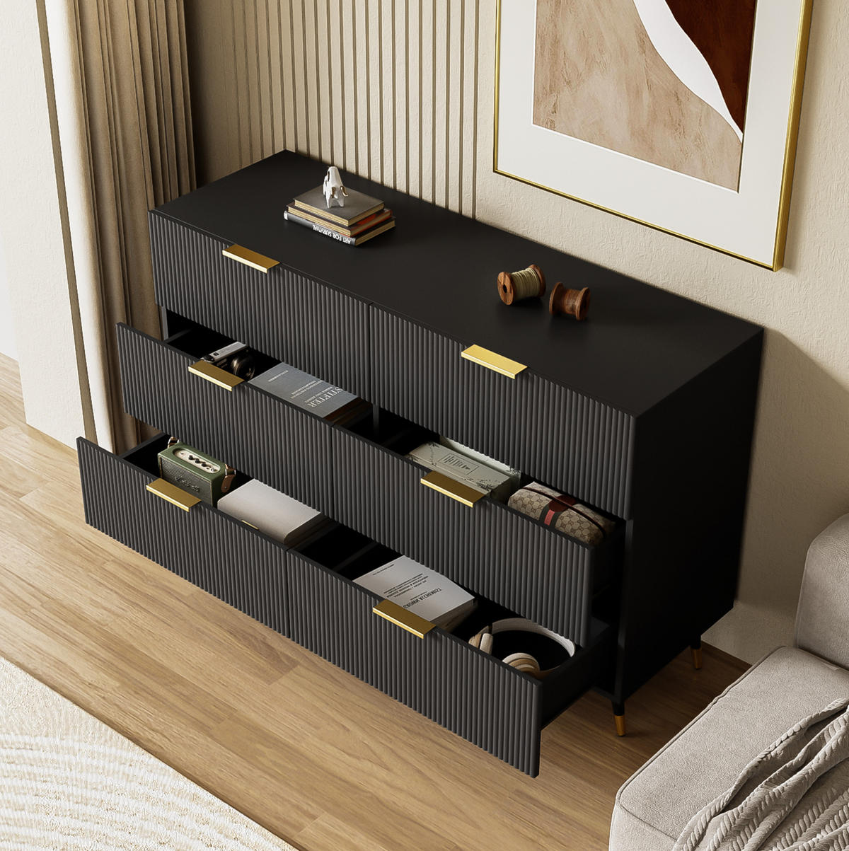 SIDEBOARD 120/40/77 cm in Schwarz mit 6 Schubladen und goldfarbenen Details - Schwarz, Holzwerkstoff (120/40/77cm) - Flora Grace
