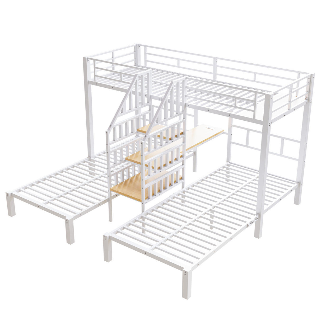 ETAGENBETT 90/200 cm mit 3 Schlafplätzen, LED, USB, Steckdose und Schreibtisch aus Metall/MDF, Weiß - Weiß, Metall (90/200cm) - Redom
