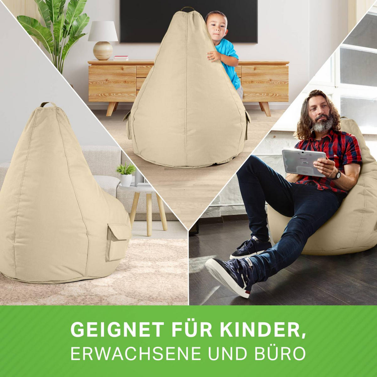 SITZSACK + Hocker "Cozy+Cube" 2er Set - Beige, Textil (70/90/80cm) - Green Bean