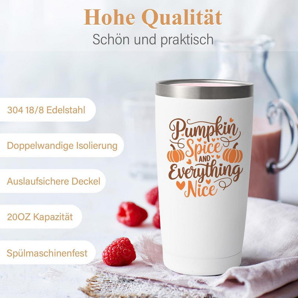 THERMO-KAFFEEBECHER 600ml Edelstahl Halloween Kürbis Geist - Weiß, Metall (0.6L)