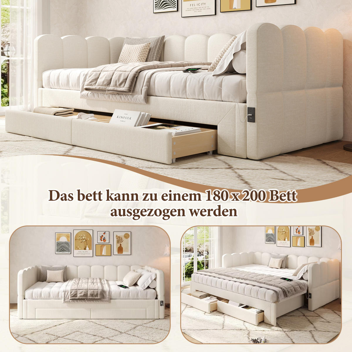 ROZKLÁDACÍ denní postel 90/200 cm béžová z lnu s USB a zásuvkami - bílá, textil (90/200cm) - OKWISH