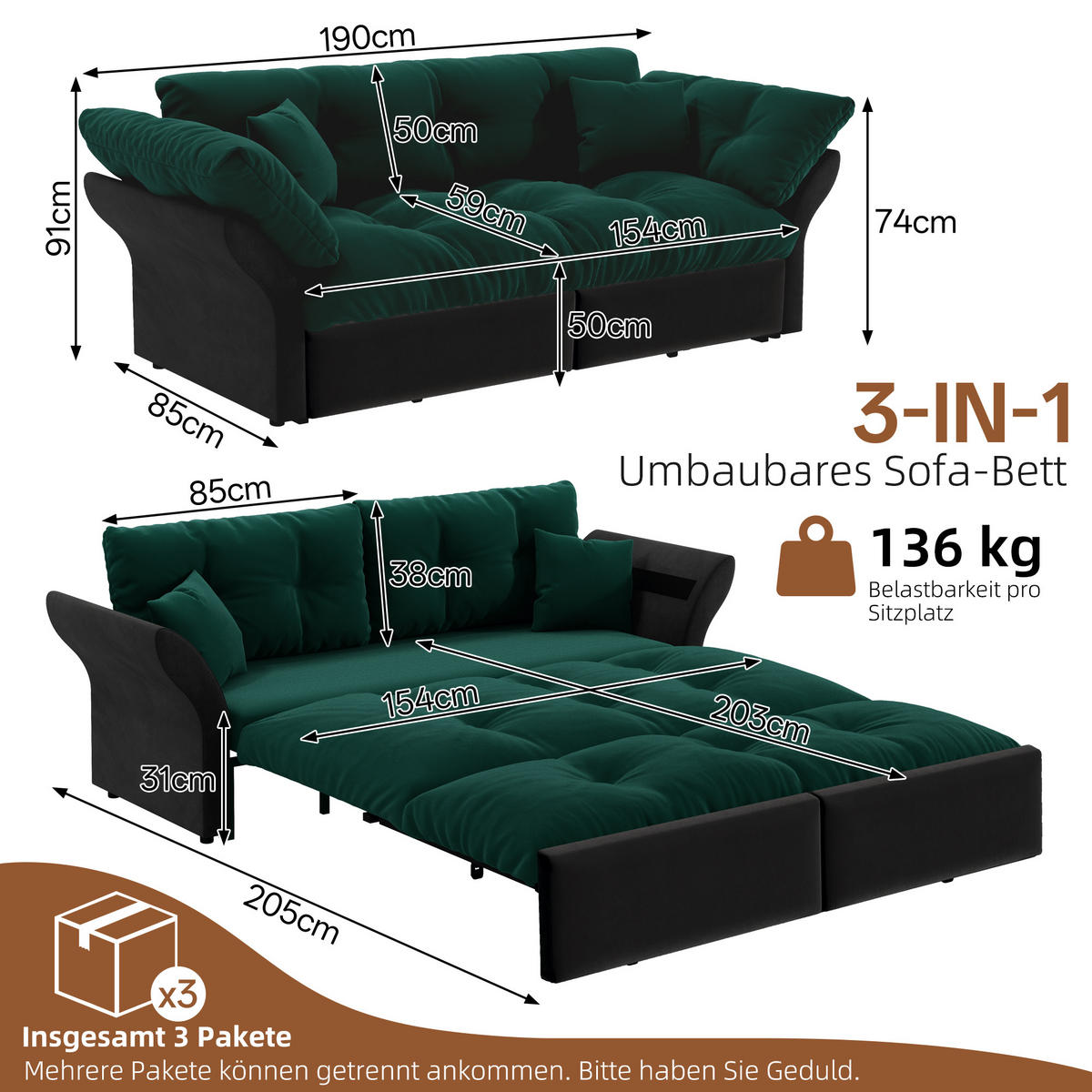 SCHLAFSOFA 190 cm 3-in-1 ausziehbar mit 2 Kissen, DE-34942, Grün - Grün, Metall (190/91/85cm) - ComfortXL