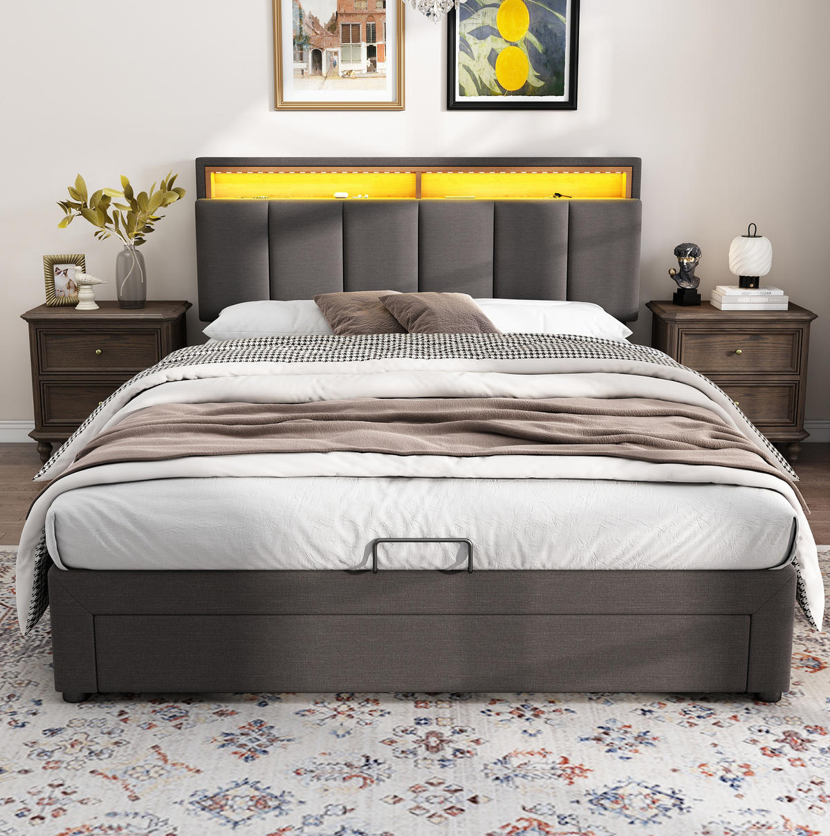 TAPECIRANI krevet 140/190 cm sivi od čelika s LED uzglavljem i spremištem - siva, metal (140/200cm) - OKWISH