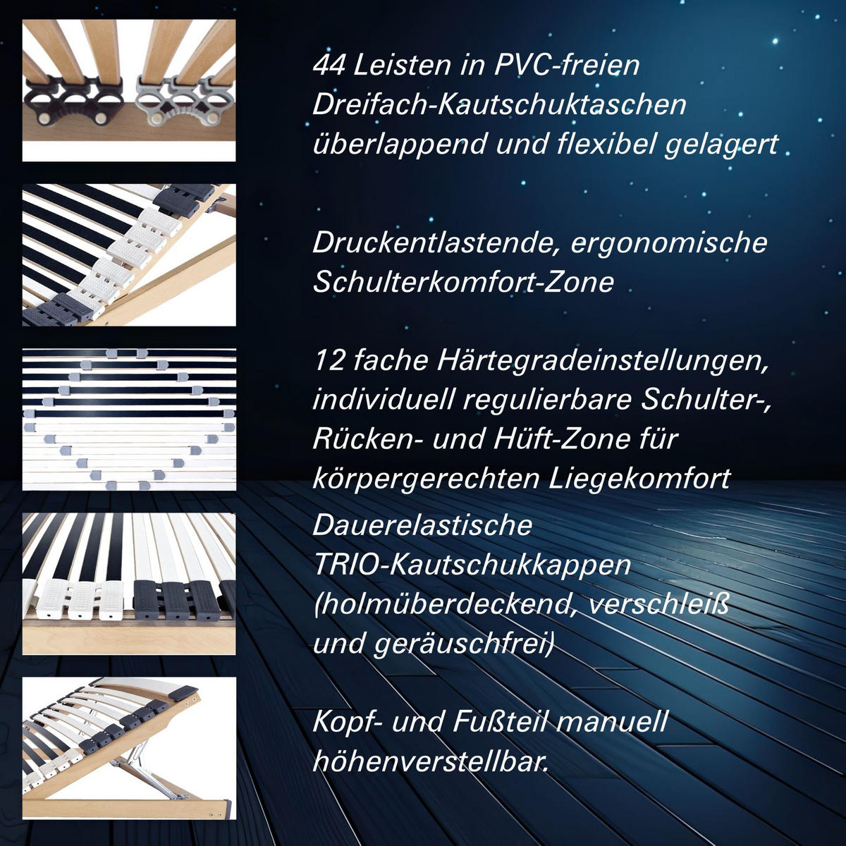 LATTENROST manuell Verstellbar 44 Leisten 70x200 cm 8,5 cm Hoch 7-Zonen bis 200 kg - Weiß/Naturfarben, Holz (70/200cm) - Matratzen Perfekt