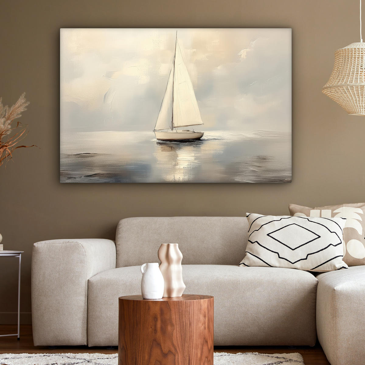 LEINWANDBILD Segelschiff - Meer - Bewölkt XXL 150x100 cm - Creme, Textil (150/100cm) - MuchoWow