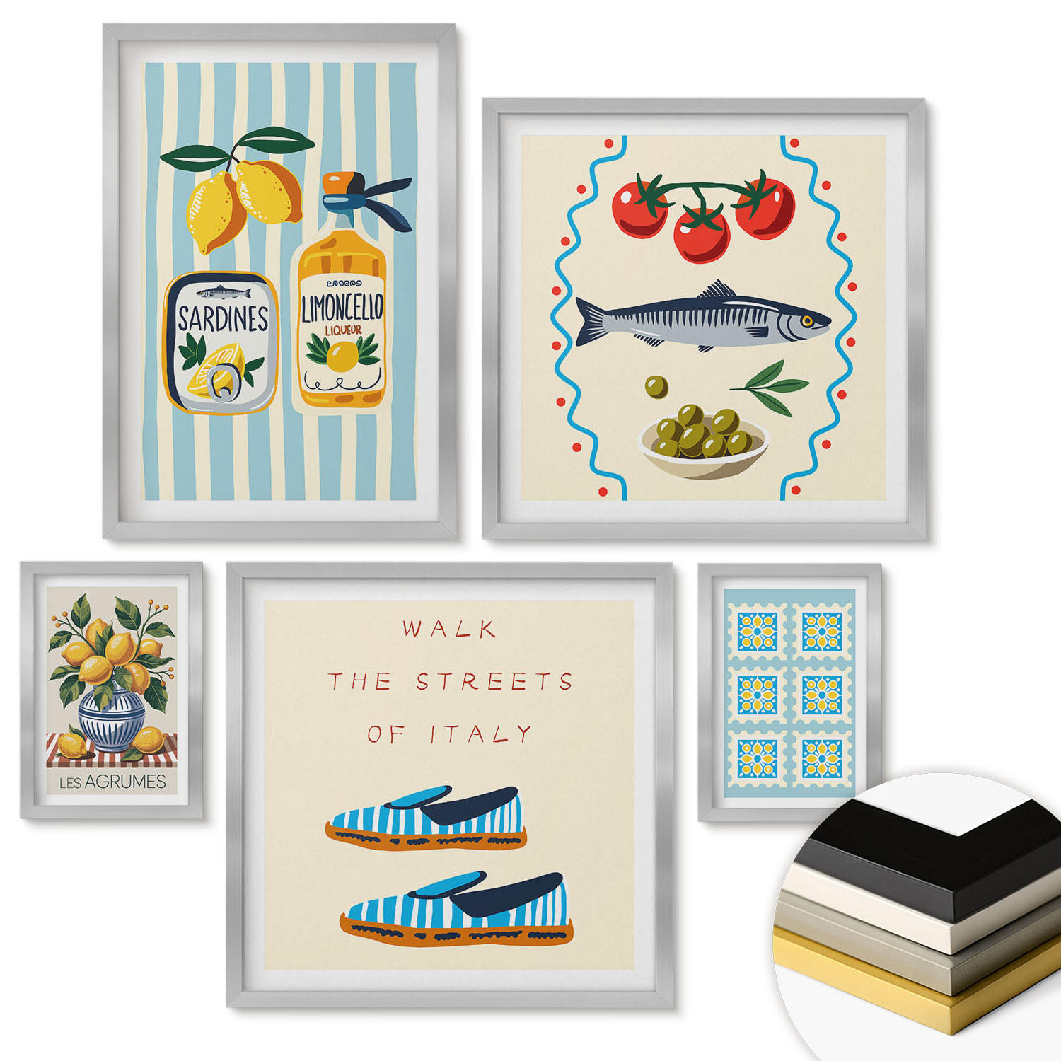 WANDBILDER 5er Set - 50x50 cm & 20x30 cm & 40x60 cm Silberner Rahmen - Italienische Aromen, farbenfrohe Bilder - Silberfarben, Kunststoff (40/60cm) - ArtPrintCave
