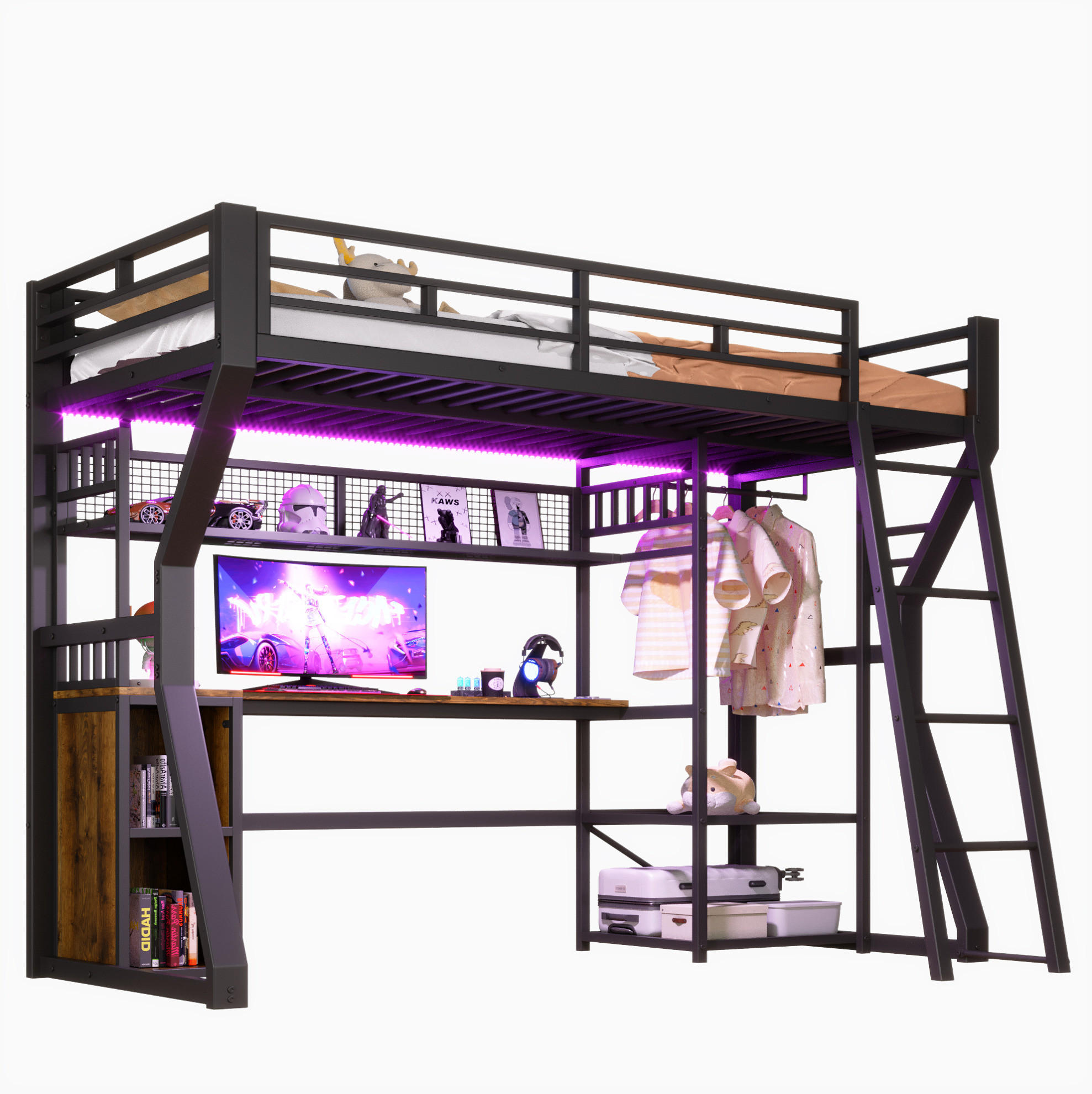 HOCHBETT 90/200 cm aus Metall und MDF mit Schreibtisch, Lichtleiste und Kleiderstange Schwarz - Schwarz, Holzwerkstoff (90/200cm) - Modenvie