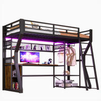 HOCHBETT 90/200 cm aus Metall und MDF mit Schreibtisch, Lichtleiste und Kleiderstange Schwarz - Schwarz, Holzwerkstoff (90/200cm) - Modenvie