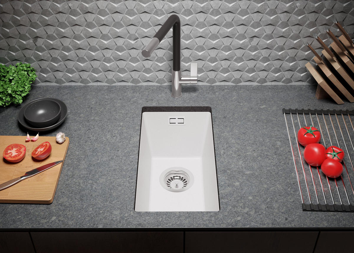 UNTERBAUSPÜLE GRANIT London, 2-er set Alles Weiß 26/47 cm 1 Becken + Küchenarmatur 38/14 cm + Ablauf-Set ab 30er Unterschrank - Weiß, Kunststoff (26/20/47cm) - Primagran