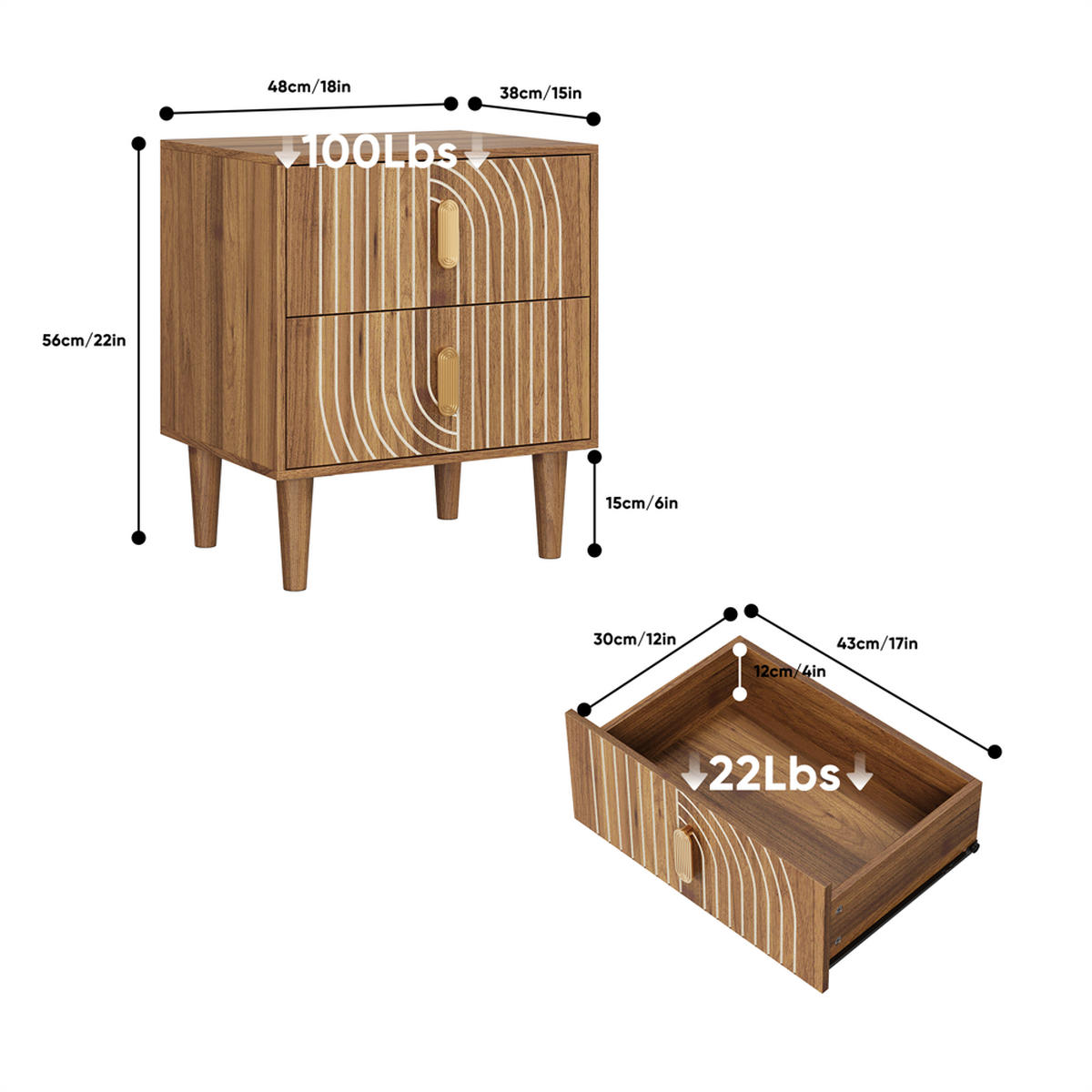 NACHTTISCH mit 2 Schubladen - Stilvollen Metallgriffen & Stabilem Massivholzbeine - für Schlafzimmer & Wohnzimmer - Walnussfarben, Holzwerkstoff (38/56/48cm) - DELFA