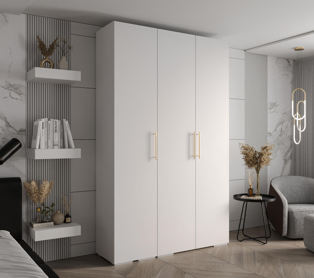 DREHTÜRENSCHRANK 236.7/150/47 3-türig - Goldfarben/Weiß, Holz/Metall (150/236.7/47cm) - Abiks Möbel