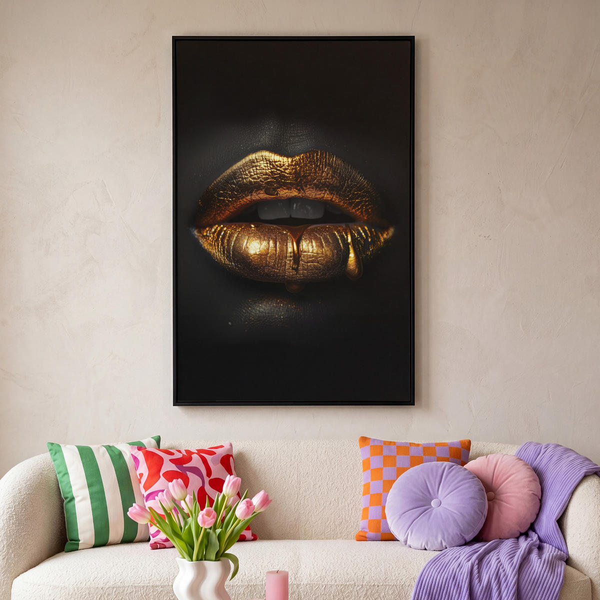 LEINWAND Bilder mit Rahmen - Frau - Porträt - Lippen - Gold - Schwarz - 80x120 - Schwarz, Textil (80/120cm) - MuchoWow