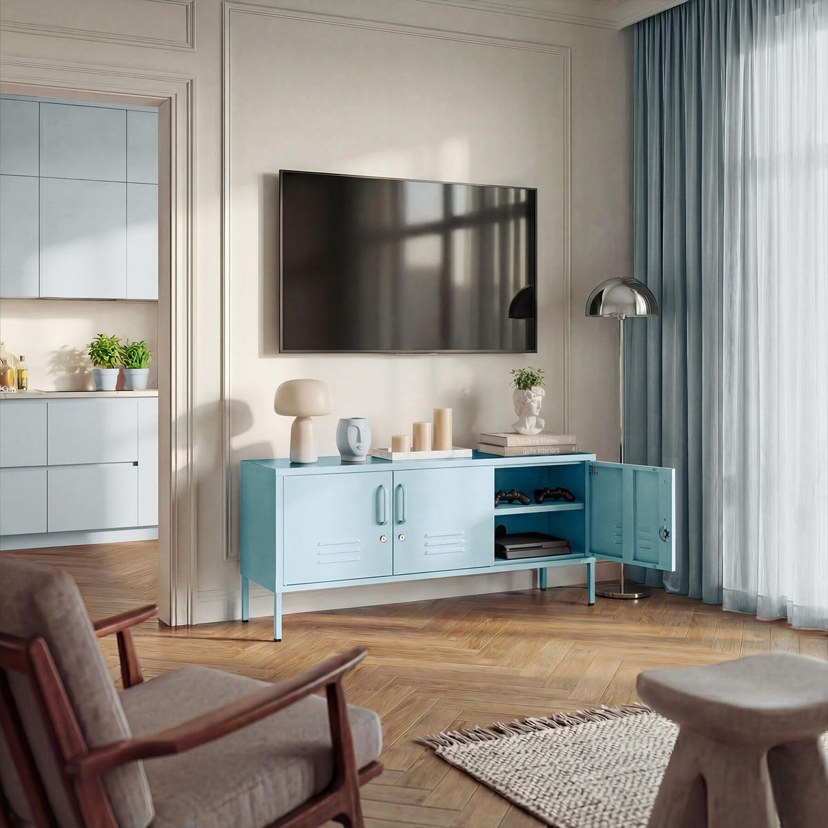 SIDEBOARD Baker, Kippschutz, höhenverstellbare Füße, grau/blau - Blau/Grau, Metall (120/55.5/37.5cm) - tectake