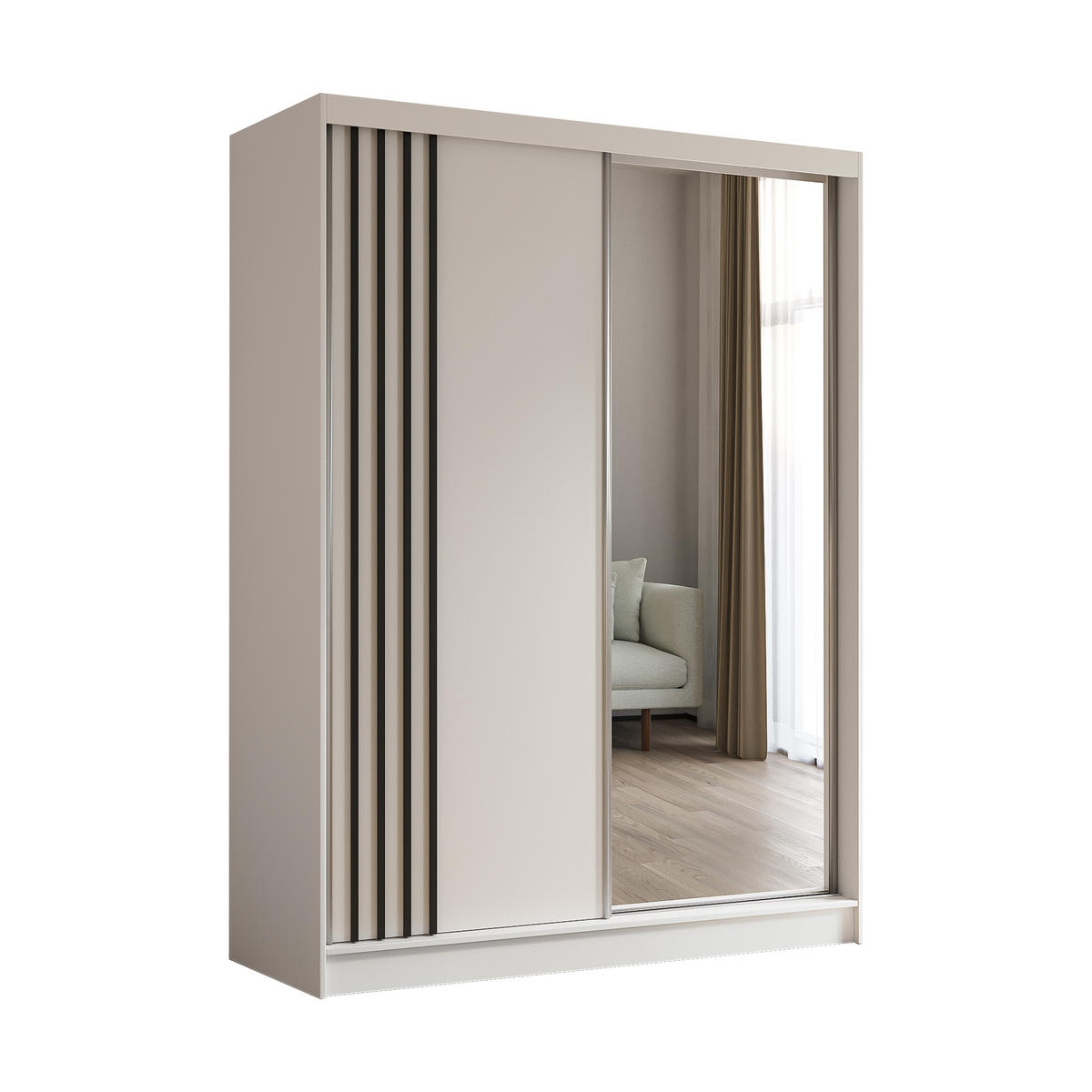 KLEIDERSCHRANK mit Spiegel-Schiebetüren und Aluminium-Leisten, LED-Beleuchtung - NALLA - 160 cm Weiß+Weiß+Schwarz - Schwarz/Weiß, Holzwerkstoff (160/216/61cm) - ALTDECOR