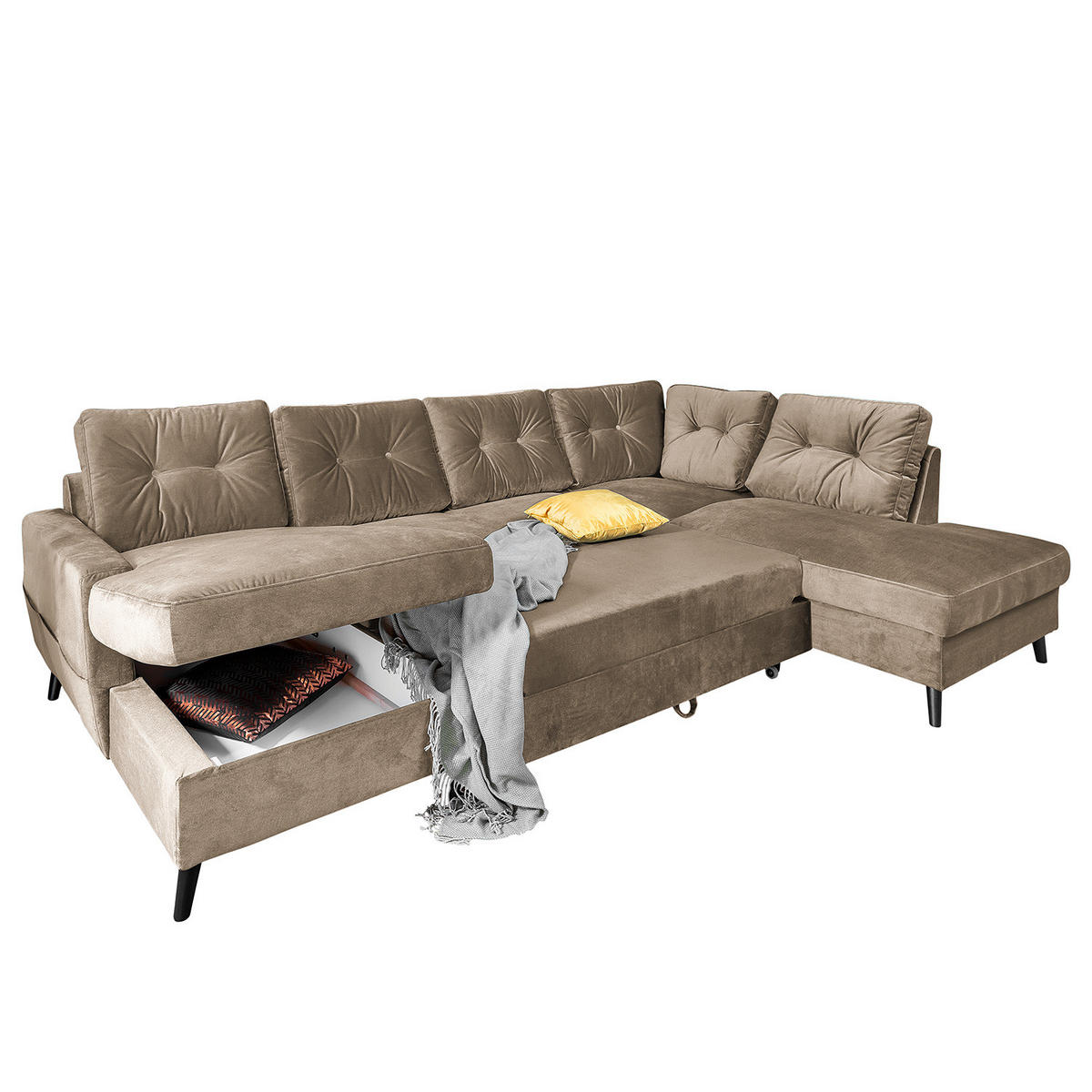 WOHNLANDSCHAFT mit Longchair - Schwarz/Cappuccino, Buchenholz/Textil (297/90/200cm) - home24