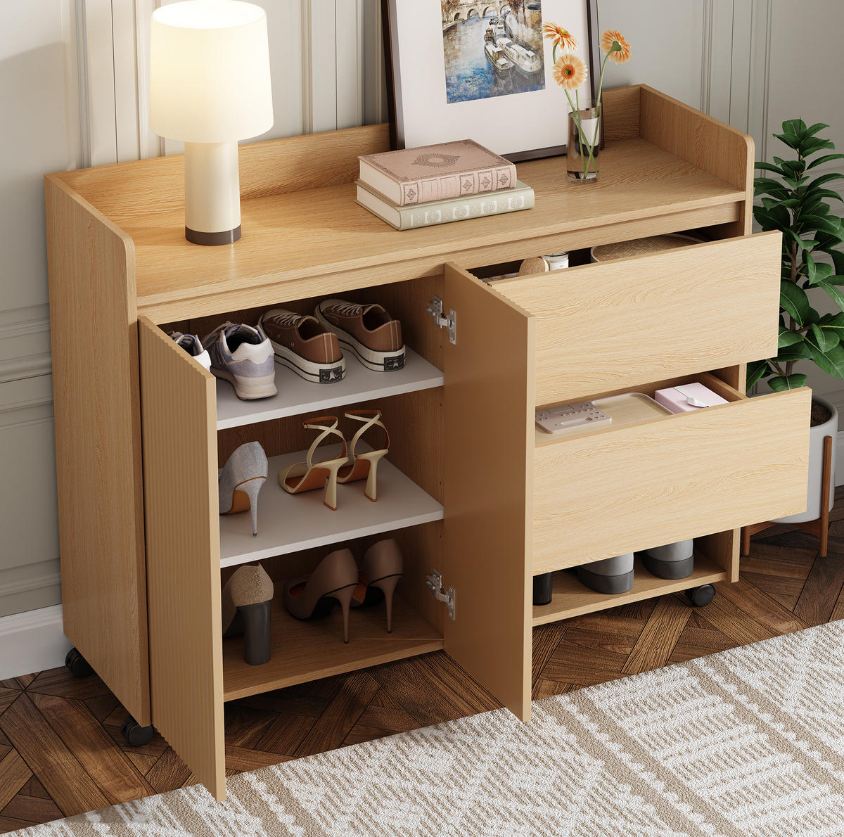 SCHUHSCHRANK aus MDF 110x35x86cm in Natur mit Rollen & Bremsen - Naturfarben, Holzwerkstoff (110/86/35cm) - Modfu