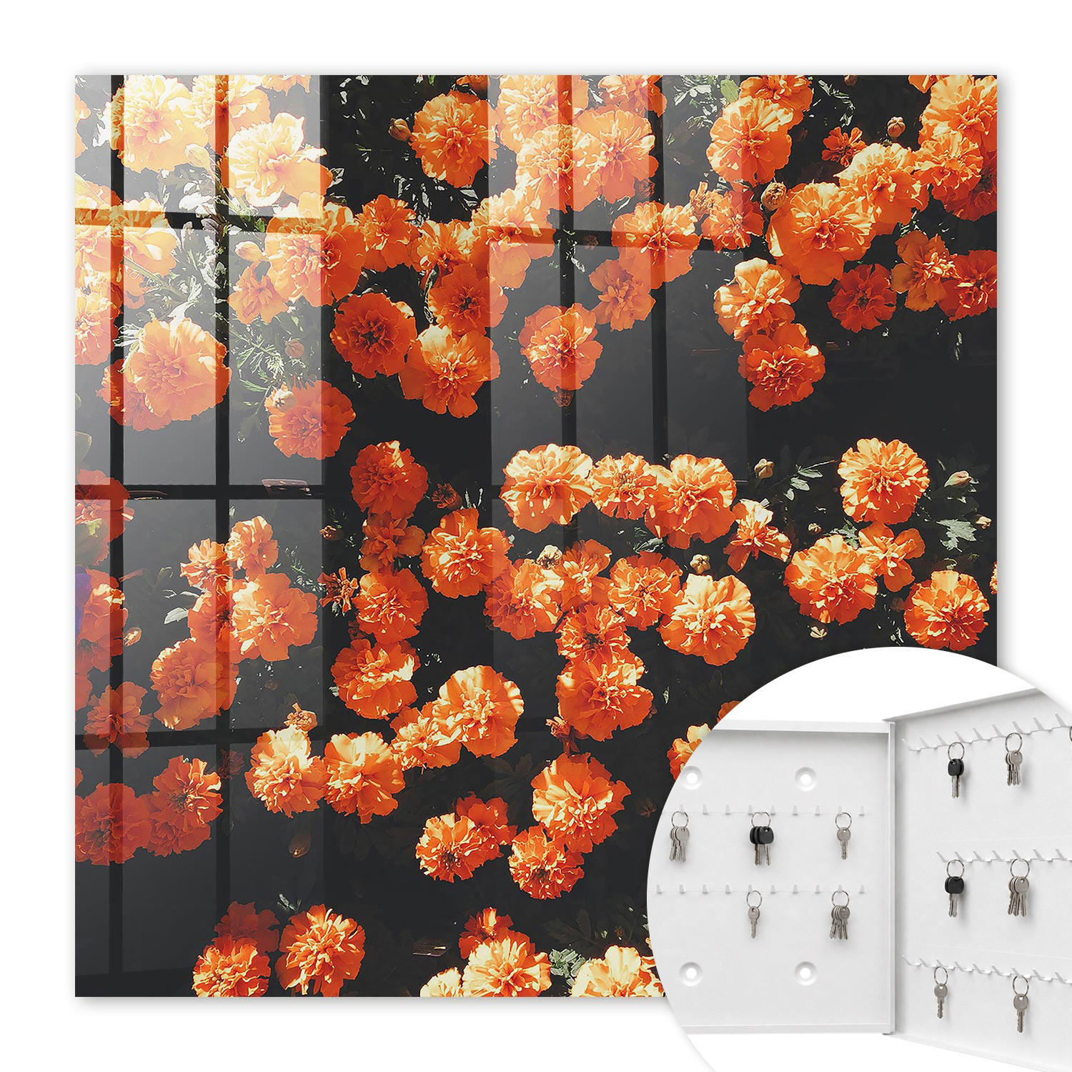 SCHLÜSSELBOX Weiß 30x30 cm – Türöffnung nach rechts - Blühende Fülle - Orange, Metall (30/30/5cm) - TULUP