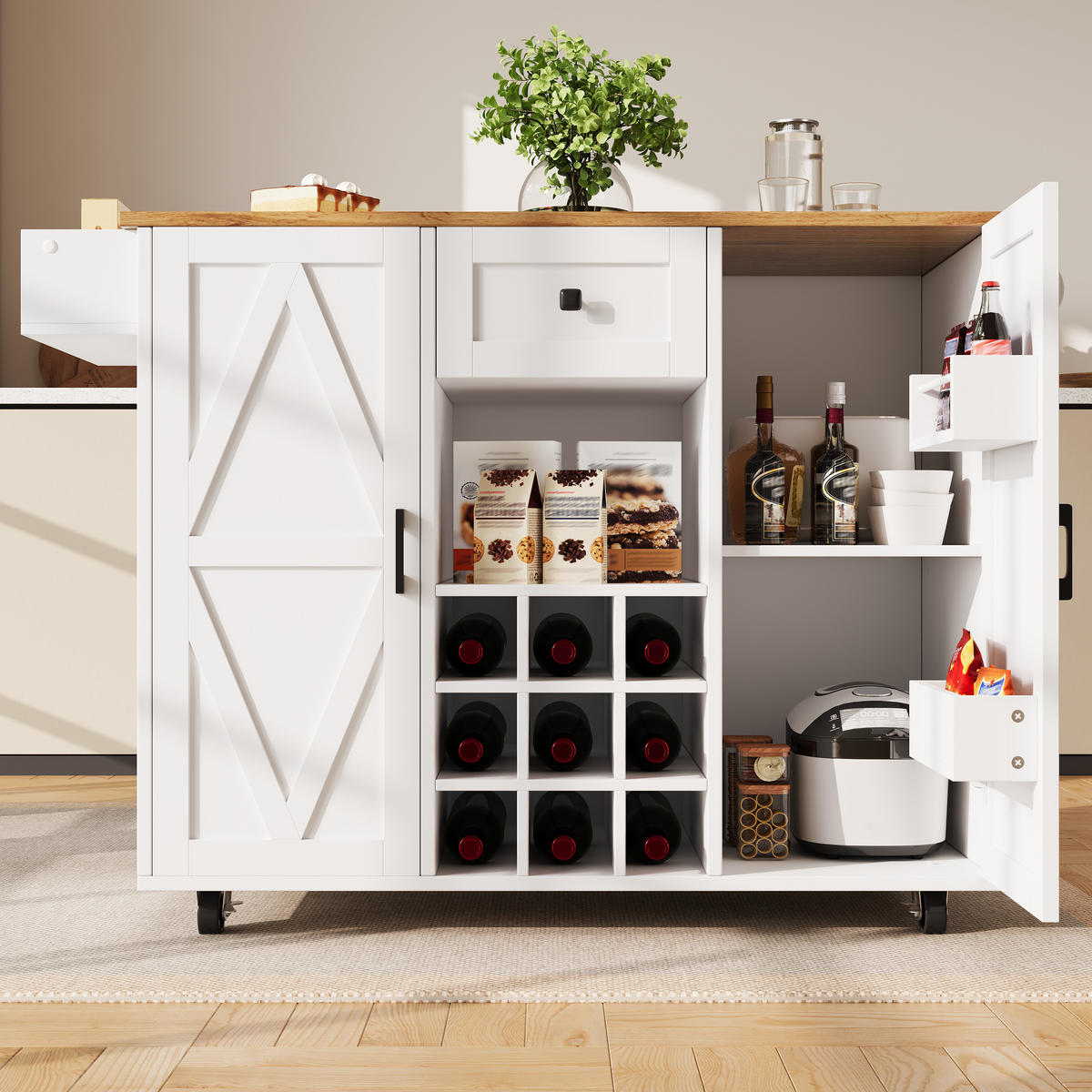 KÜCHENINSEL mit Rollen 137,5/65/95,6 cm Weiß mit Klapptisch, Weinregal und 1 Schublade - Weiß, Holz/Holzwerkstoff (137.5/95.5/65cm) - Oxeza