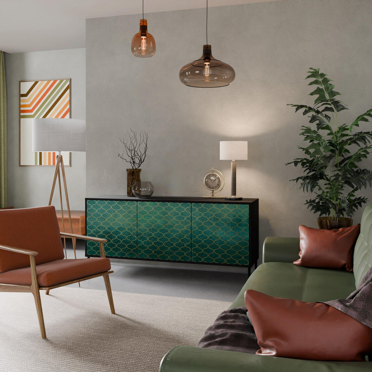 SIDEBOARD TESSELATED GREENERY, Eicheneffekt, 164,5x42x77,5 cm, 3 Türen - Eichefarben/Buchefarben, Holzwerkstoff/Buchenholz (164.5/77.5/42cm) - SpaceRebels