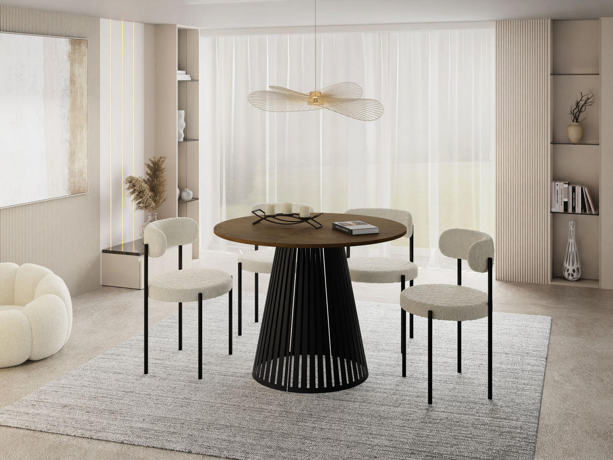 ESSTISCH Naro rund ausziehbar mit Schwarzem Lamellen-Metallgestell, Braun 120-200/120/76 cm - Alteiche/Schwarz, Holzwerkstoff/Metall (120/120/76cm) - WFL GROUP