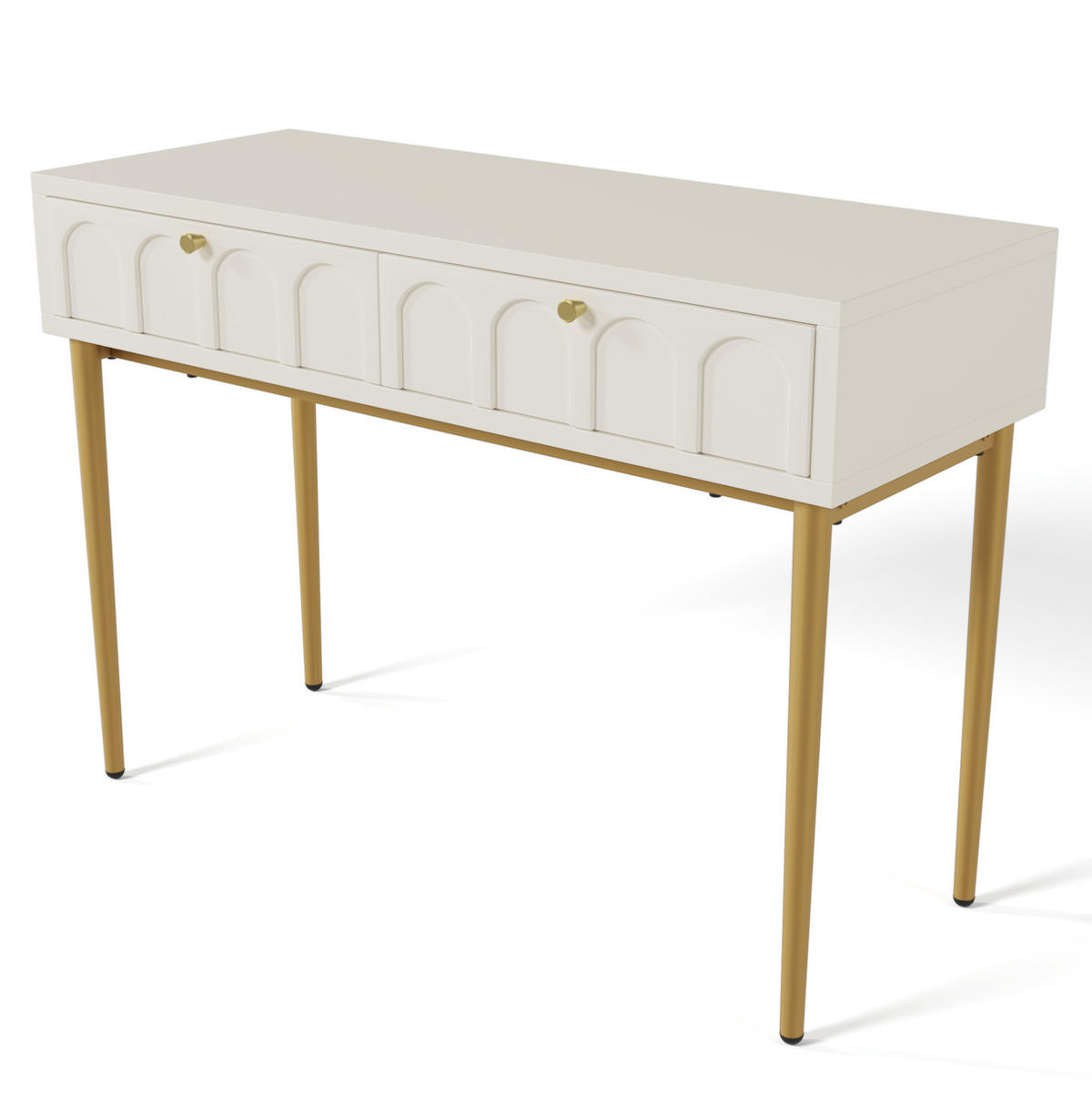 SCHMINKTISCH aus Holz und Metall 100x45x76,5 cm Creme-Weiß mit 2 Schubladen und gewölbten Fronten - Weiß, Holzwerkstoff (100/76.5/45cm) - Modfu