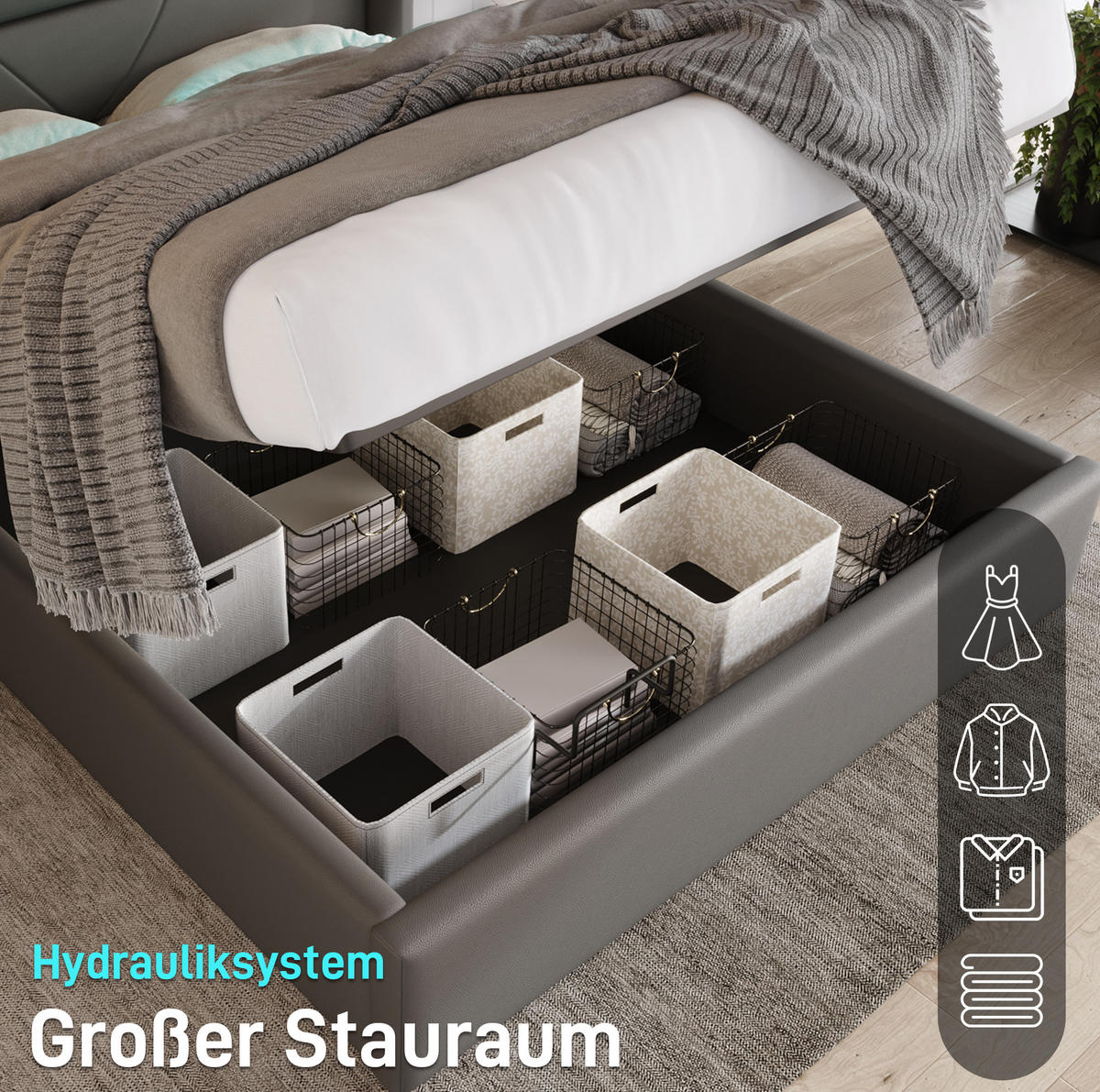 POLSTERBETT 140/200 cm Grau aus PU mit LED-Beleuchtung - Grau, Kunststoff (140/200cm) - OKMYHOME