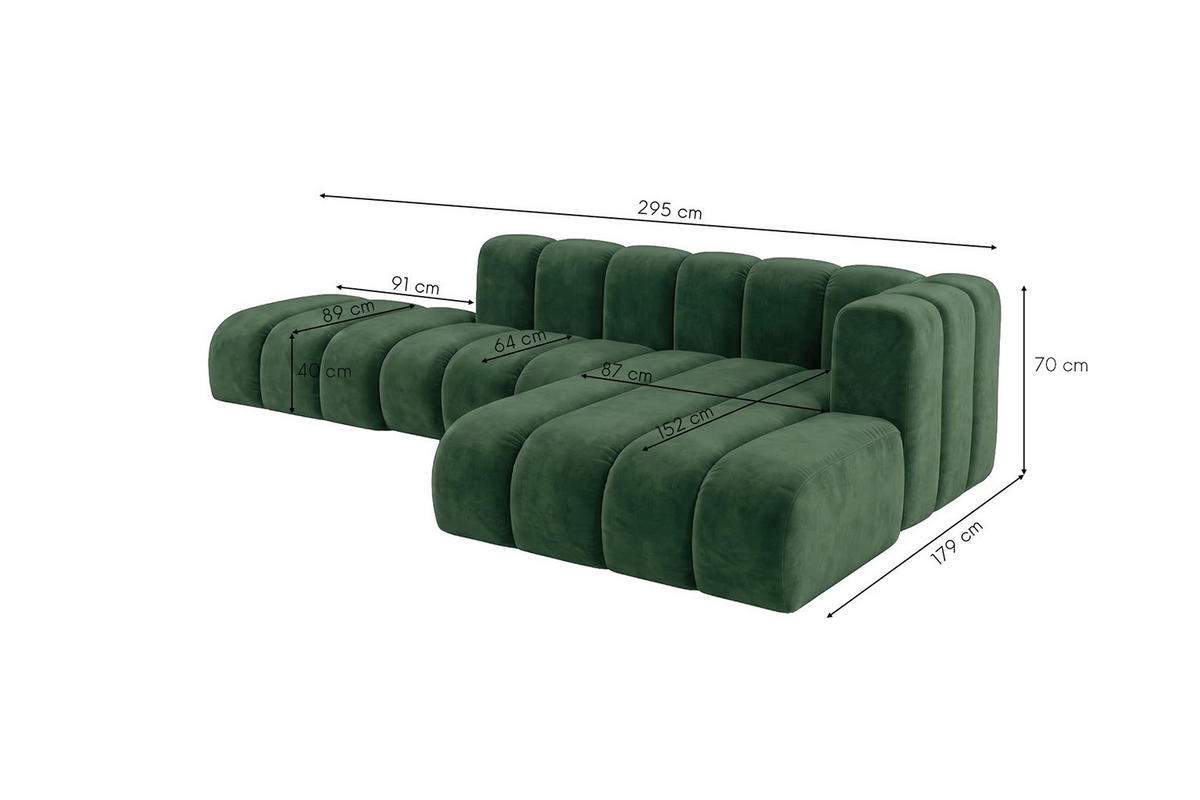 ECKSOFA Modulares In L-Form Mit Hocker, Velvet-Stoff Riviera, Grün, Rechts, GRAND Mini - Olivgrün, Holz (295/179cm) - Kaiser Möbel