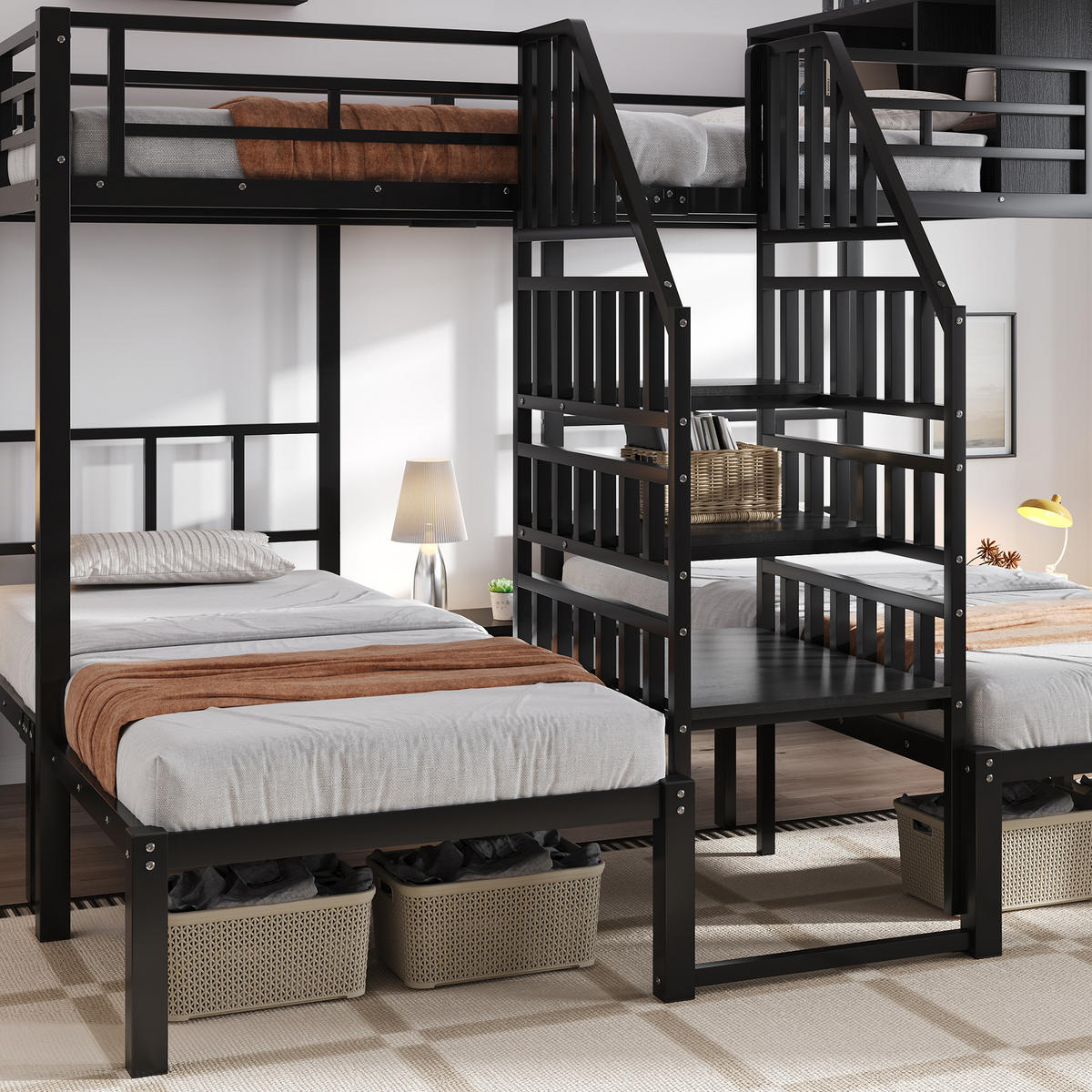 ETAGENBETT 90/200 cm & 140/200 cm in Schwarz mit Treppe, Handläufen und Stauraum - Schwarz, Holzwerkstoff/Metall (140/200cm) - WISHDOR