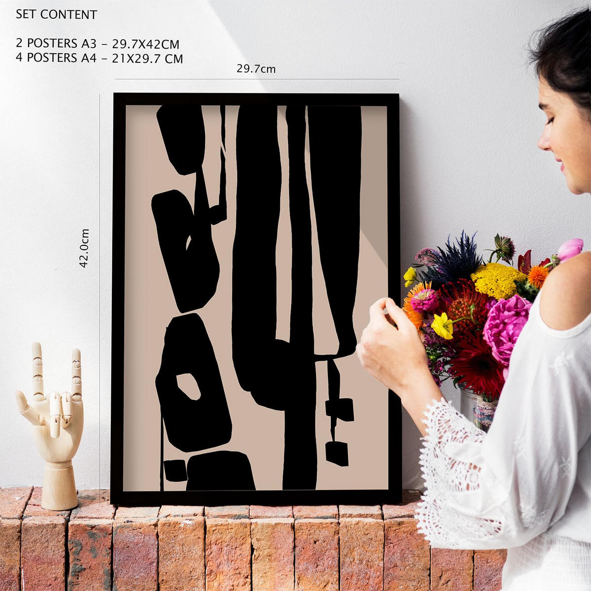 POSTER Set Mit 6 Mystik Design In Blume Zusammenfassung Ästhetische Dekorative Gemälde Für Ihr Wohnzimmer Zuhause A3 & A4 Rahmen Aus Hellem Holz - Beige, Papier (29/3cm) - Nacnic