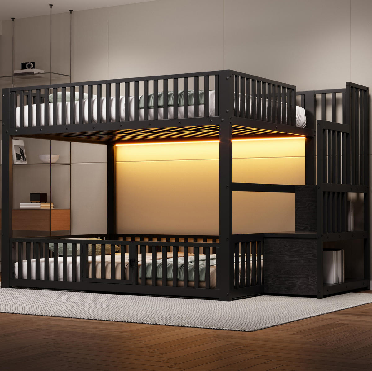 ETAGENBETT 140/200 cm aus Metall und MDF mit LED-Beleuchtung und Stauraumleiter Schwarz - Schwarz, Holzwerkstoff (140/200cm) - Modenvie