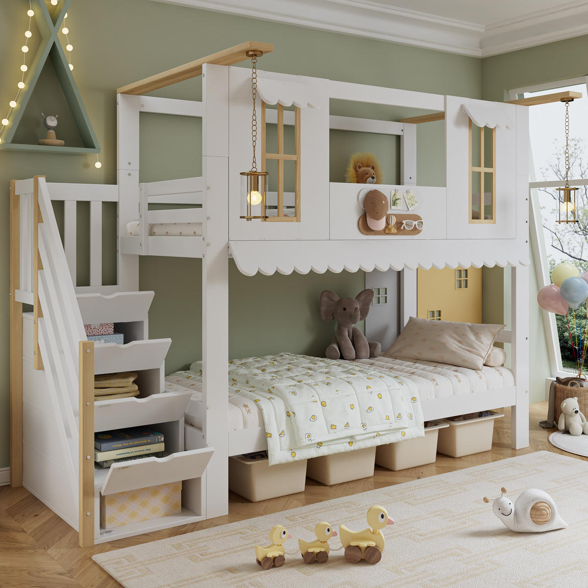 ETAGENBETT 90/200 cm weiß aus Kiefer und MDF mit Aufbewahrungstreppe - Weiß, Holz (90/200cm) - OKWISH