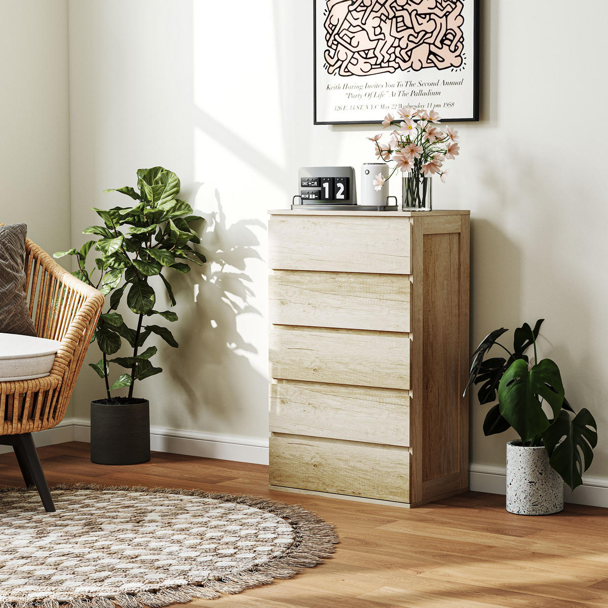 KOMOODE DE-12864 5 Schubladen, grifflos, minimalistisch Naturholz - Naturfarben, Holzwerkstoff (60/100/39cm) - ComfortXL