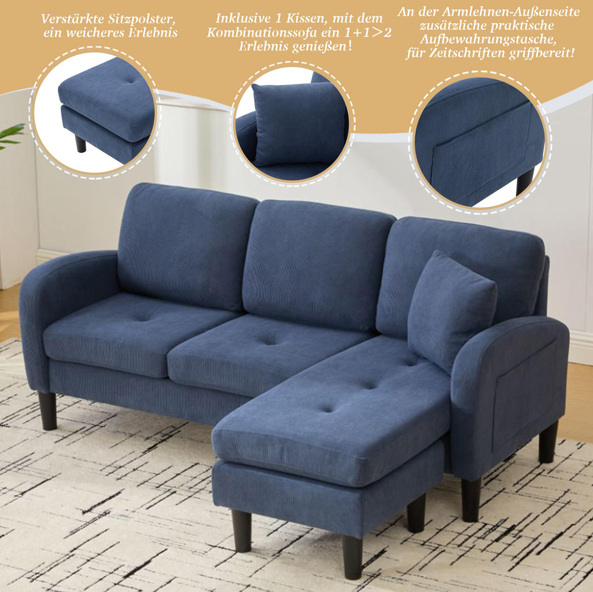 ECKSOFA L-Form Cord mit modularer Chaiselongue Blau 166/118/77 cm - Blau, Textil (166/118cm) - Redom