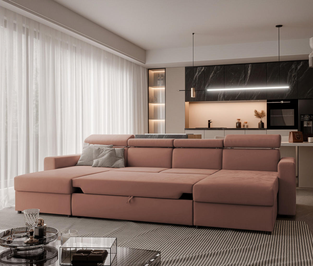 WOHNLANDSCHAFT BENI U II mit verstellbaren Kopfstützen und Schlaffunktion, Farbe: edles Rosa - Koralle/Schwarz, Kunststoff/Textil (302/60/166cm) - Idohome