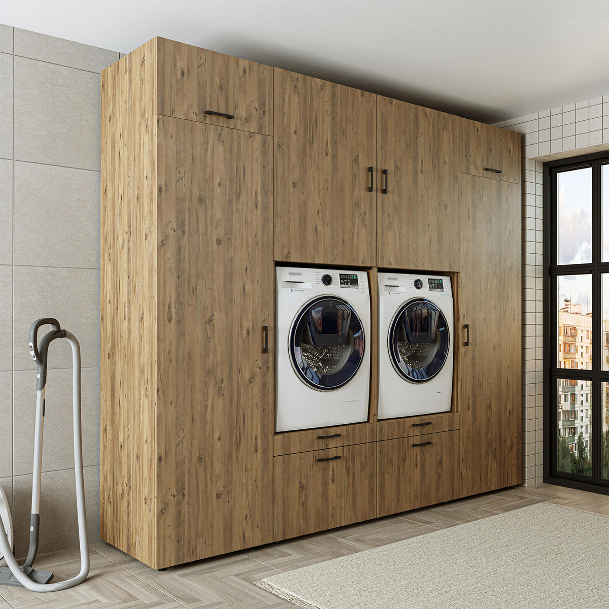 WASCHMASCHINENSCHRANK Serie 2 254cm Breit, 240cm Hoch - Eichefarben, Holzwerkstoff (254/240/67cm)