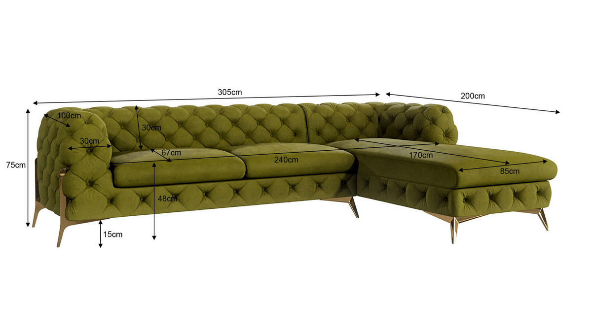 ECKSOFA Chesterfield Lexi Olive Samt, Ottomane rechts - Goldfarben/Olivgrün, Holz/Textil (305/200cm) - S-Style Möbel