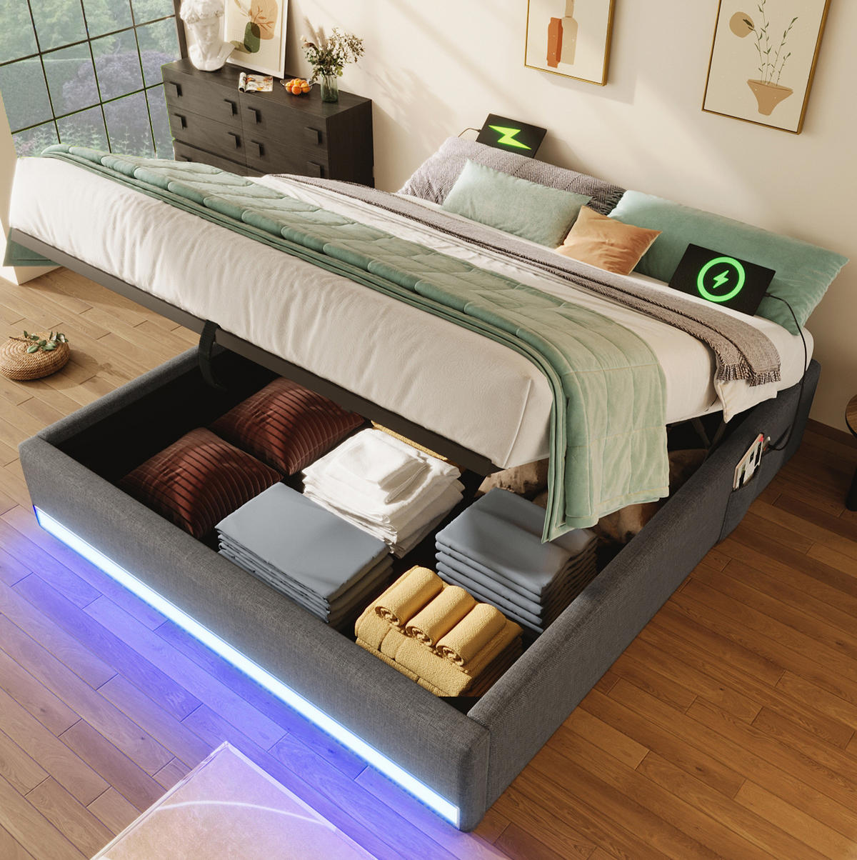 TAPECIRANI krevet 140/200 cm s LED osvjetljenjem, USB i Type-C priključkom te hidrauličnim spremnikom, Siva - siva, tekstil (140/200cm) - Redom