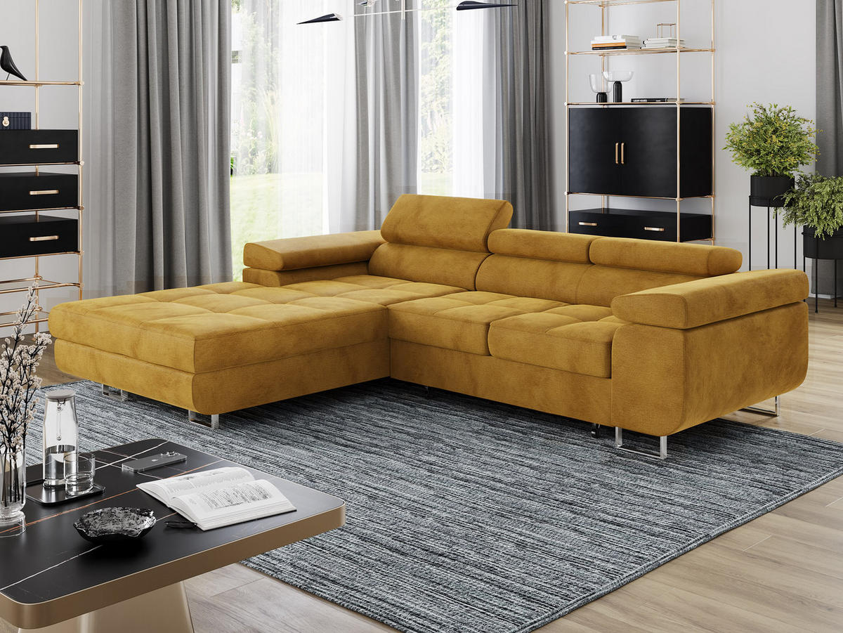 ECKSOFA VEMO CORE Links Gelb Velours-Stoff mit Schlaffunktion und Bettkasten - Gelb, Holz/Metall (280/205cm) - Barchello