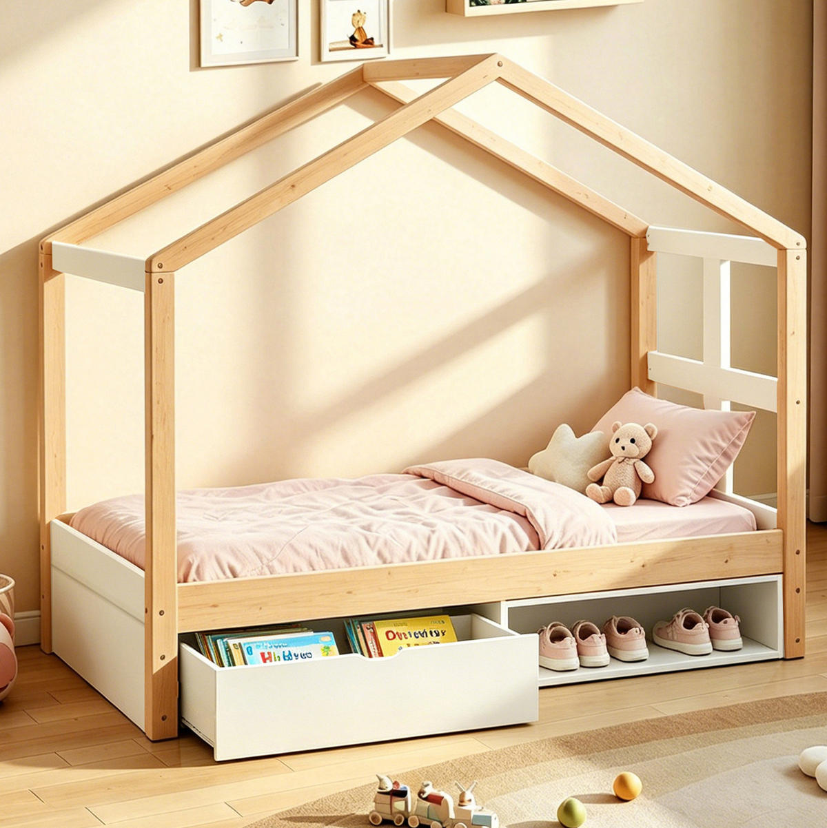 HAUSBETT 90/180 cm Weiß/Holzfarben aus Holz mit LED und Stauraum - Eichefarben, Holzwerkstoff (90/190cm) - OKWISH