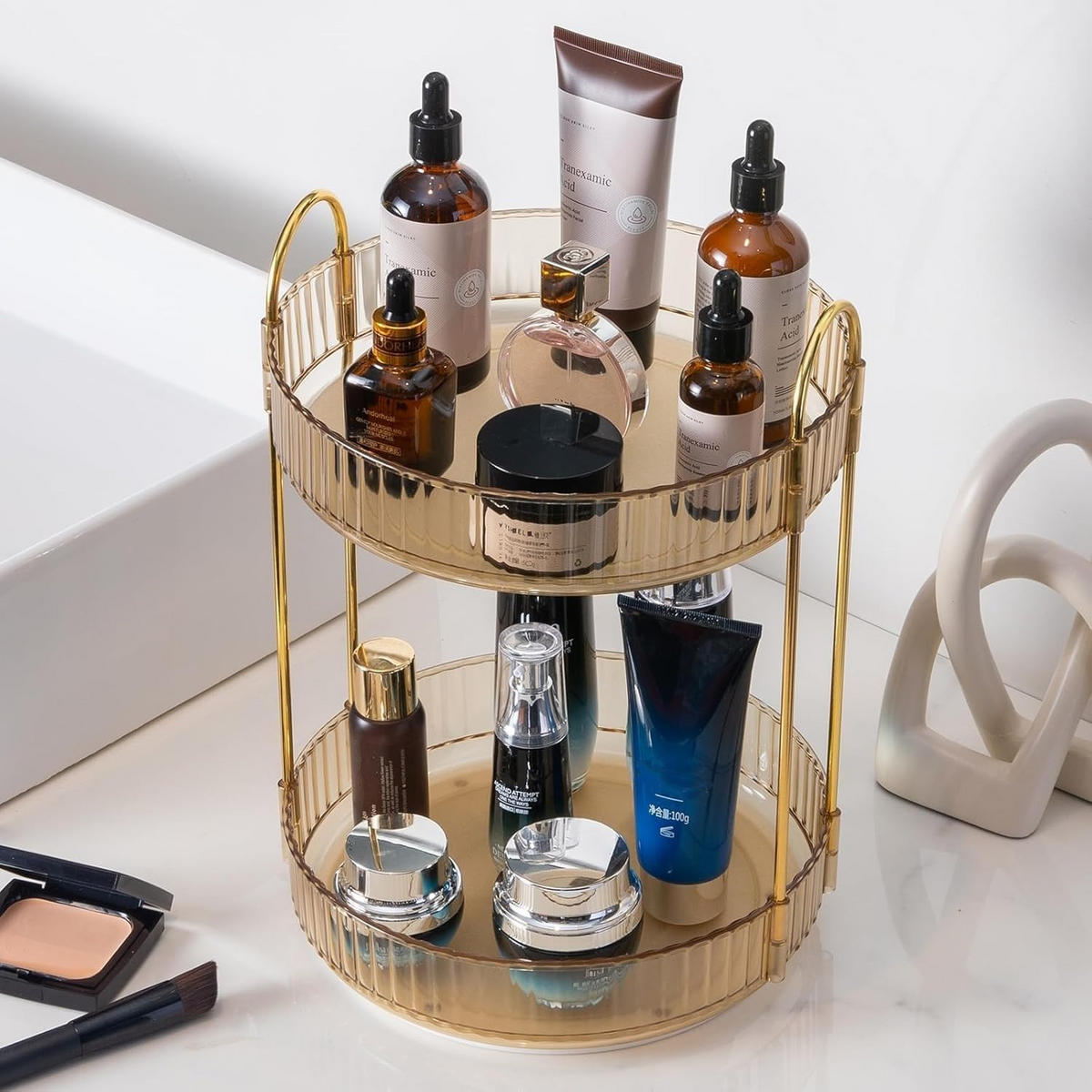 KOSMETIK-ORGANIZER, drehbar, 2-stöckig,Gold,23/23/32cm - Goldfarben, Kunststoff (23.5/10.5/23.5cm)